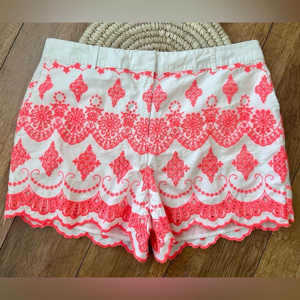 Boden Women’s Shorts: White with Neon Pink-Orange Embroidery and Scalloped Hem